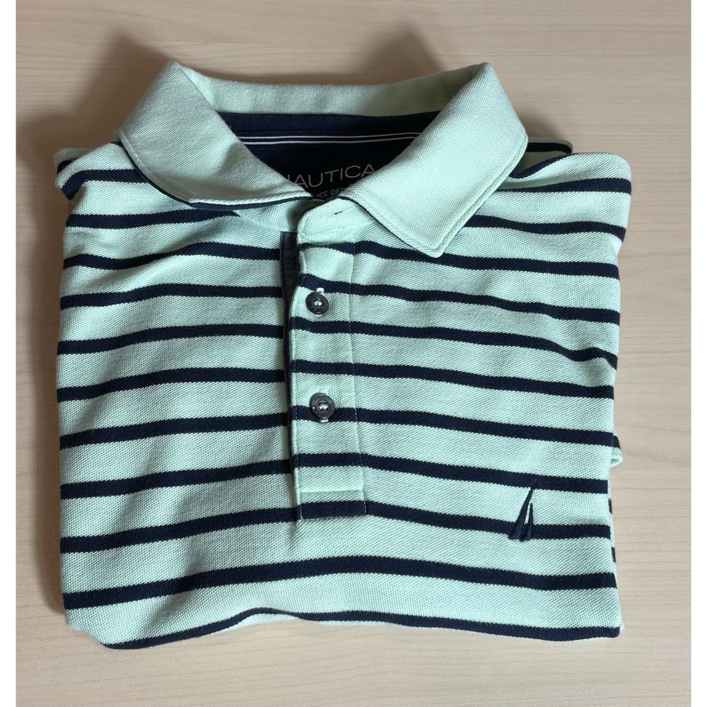 Nautica Mens Polo Lg‎ Shirt Green and Black Striped Short Sleeve